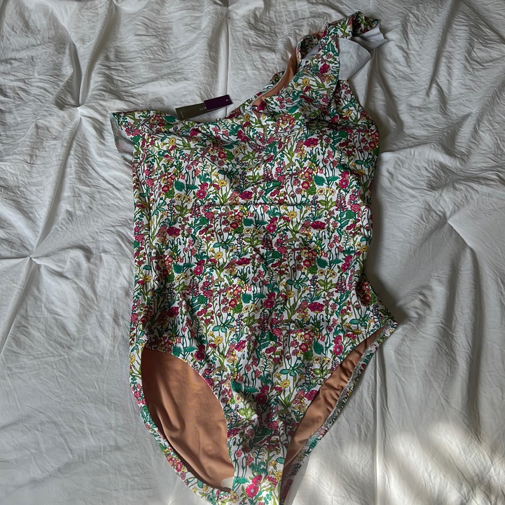 NWT J.Crew Liberty Fabric Bathing Suit, Size 10, one shoulder with ruffle